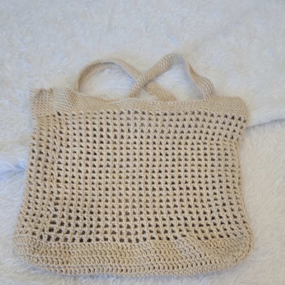 Handmade Crochet‎ Mesh Tote Bag Beige Boho Market Beach Bag Neutral Open Weave